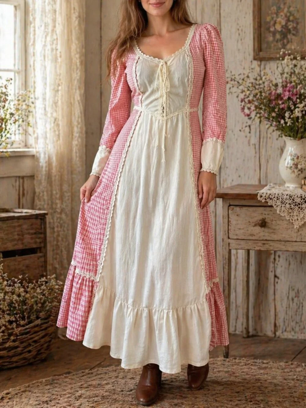 Vintage Gunne Sax Jessica Mcclintock Prairie Boho Corset Dress Checkered Red - Picture 1 of 13